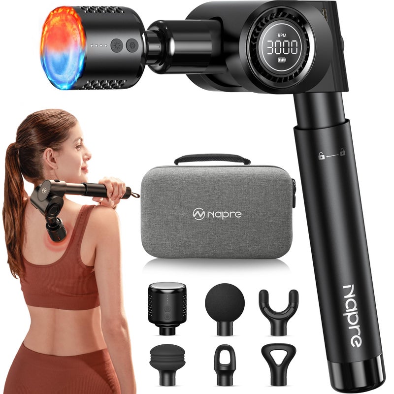 Napre Massage Gun with Heat and Cold Head,Deep Tissue Muscle Massage Gun with Long Extension Handle,Percussion Back Massager for Neck/Body Pain Relief,32-Speeds,Foldable with 5 Adjustable Angles